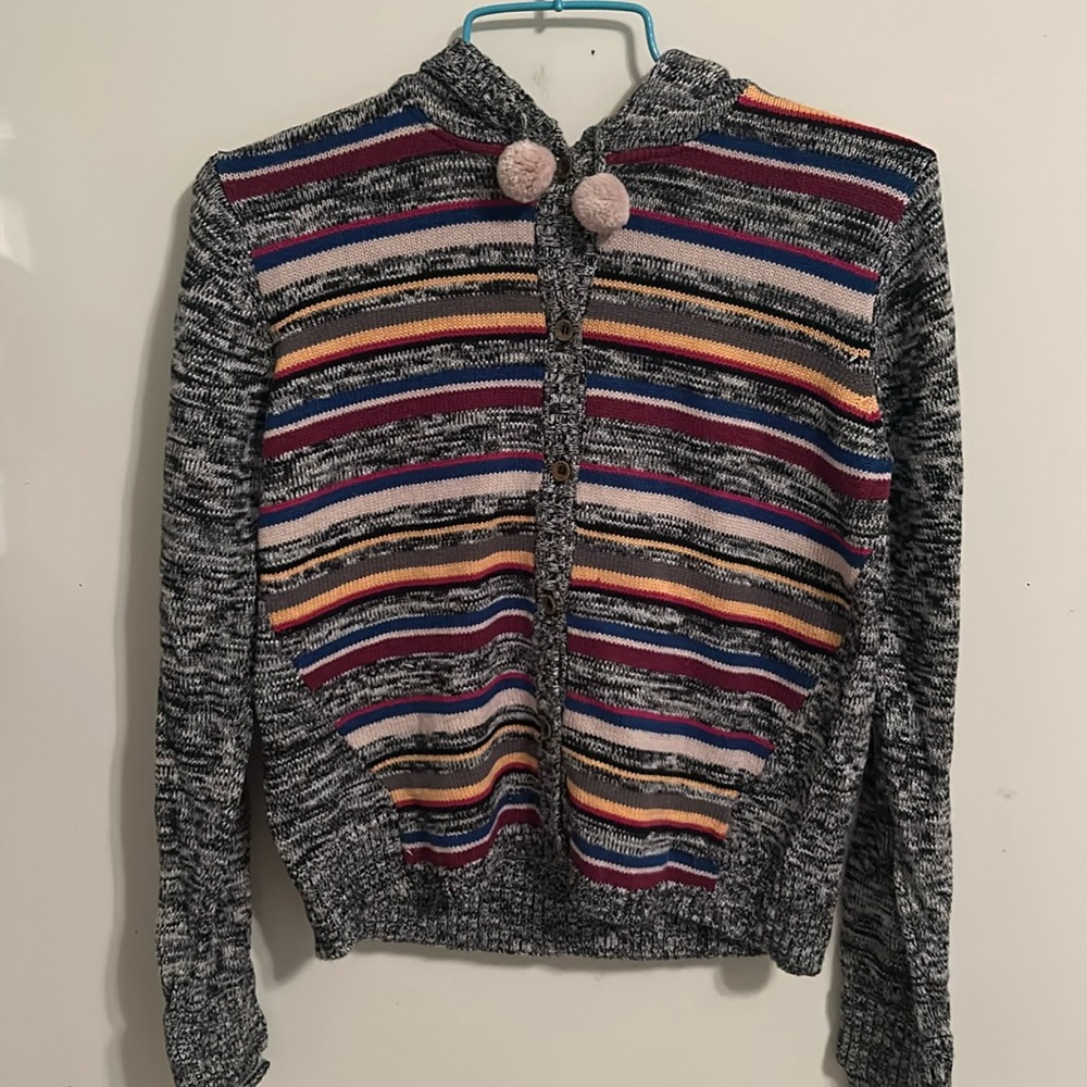 Girl’s L Multicolored Striped Button Up Sweater/Hoodie with Pom Poms
